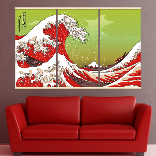Décoration intérieure avec 3 kakémonos décoratifs représentant la vague d'hokusai en rouge
